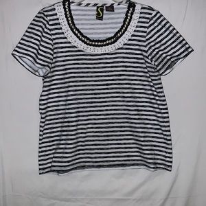 Sport Elle black and white stripe cotton spandex top with neck embellishment